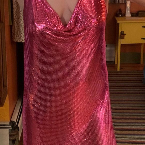 Drape Neck Backless Chain Strap Split Thigh Glitter Halter Dress - pink - Picture 7 of 10